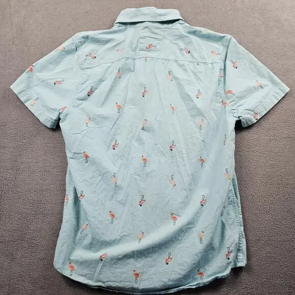 Hollister Flamingo Button Up Shirt Mens M Short Sleeve Blue Preppy Stretch - Picture 7 of 7